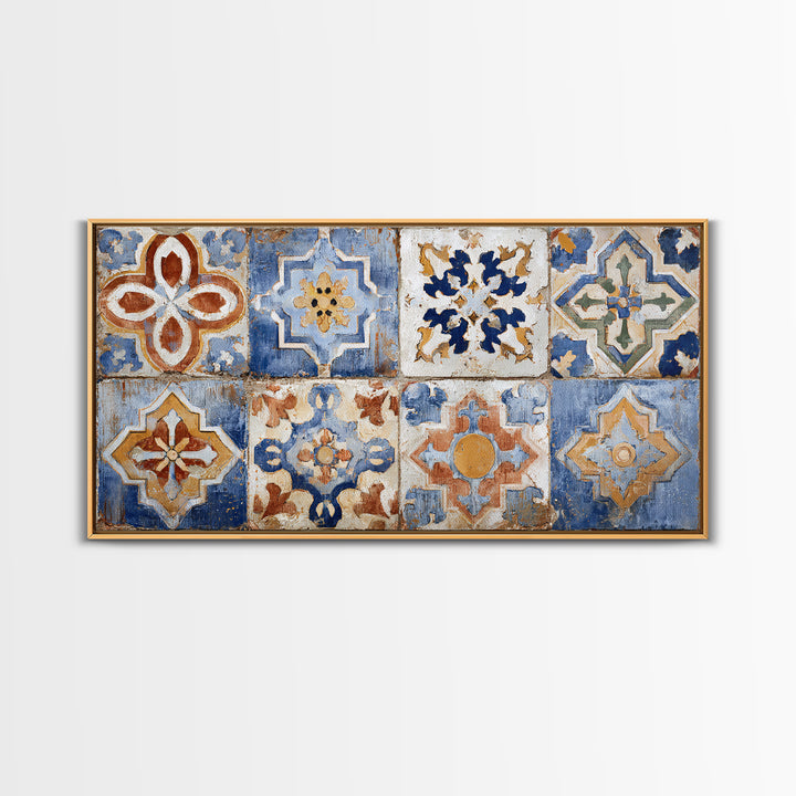 Spanish Tile Ornament Framed Canvas Print, Mediterranean Art, Coastal Wall Art, Living Room Decor, Azure, Living Room Art, MAR-2x1-84