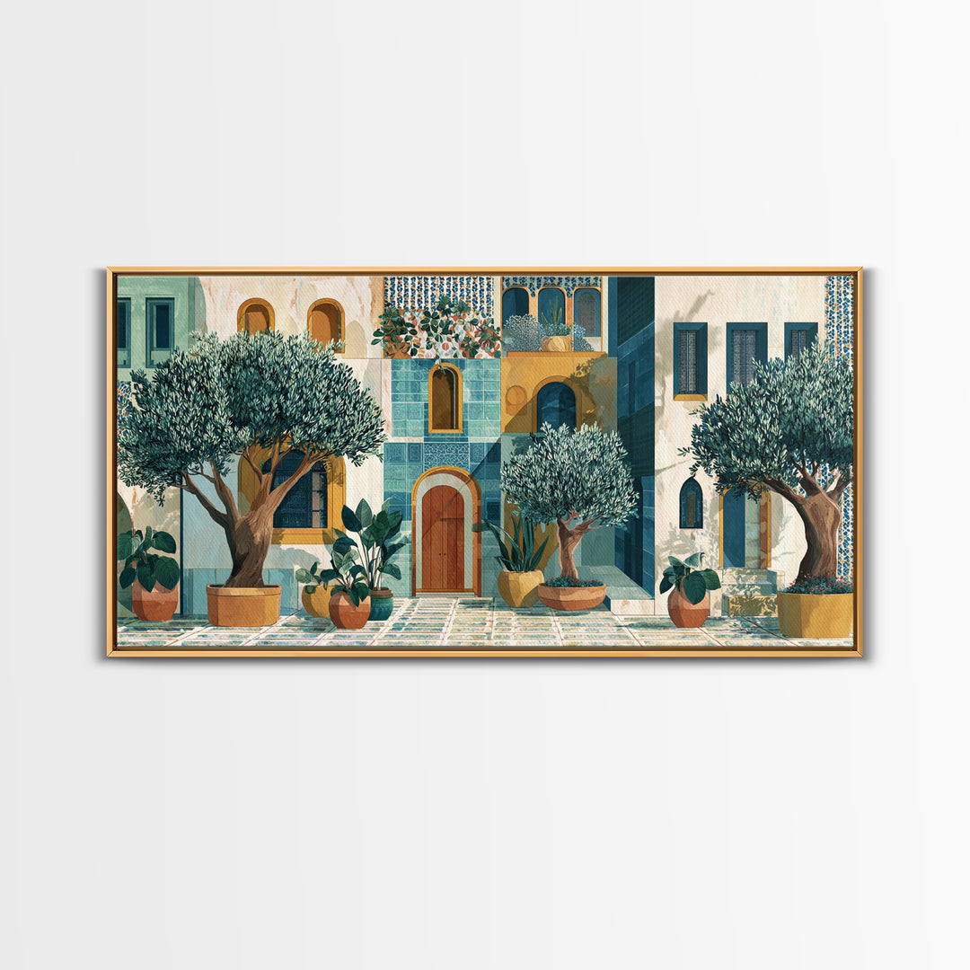 Olive Grove under Pale Morning Light Framed Canvas Print, Mediterranean Art, Oil Painting, Living Room Decor, Fine Art, Azure, MAR-2x1-85