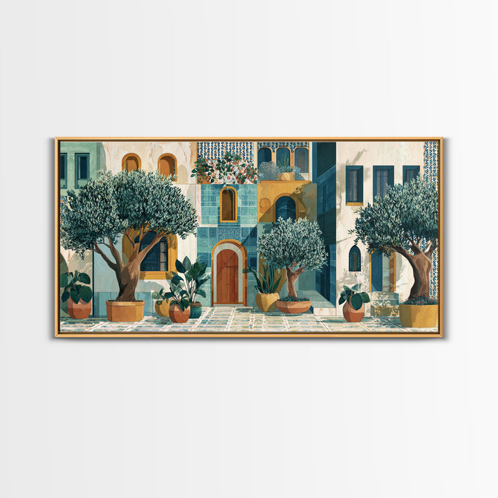 Olive Grove under Pale Morning Light Framed Canvas Print, Mediterranean Art, Oil Painting, Living Room Decor, Fine Art, Azure, MAR-2x1-85