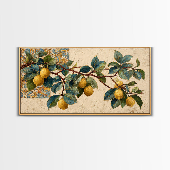 Sicilian Lemon Branch on Ivory Background Canvas Print, Mediterranean Art, Statement Artwork, Living Room Decor, Azure, MAR-2x1-9