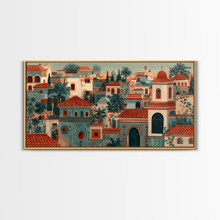 Sunset over Red Tiled Rooftops Framed Canvas Print, Mediterranean Art, Oil Painting, Living Room Decor, Fine Art, Azure, MAR-2x1-91