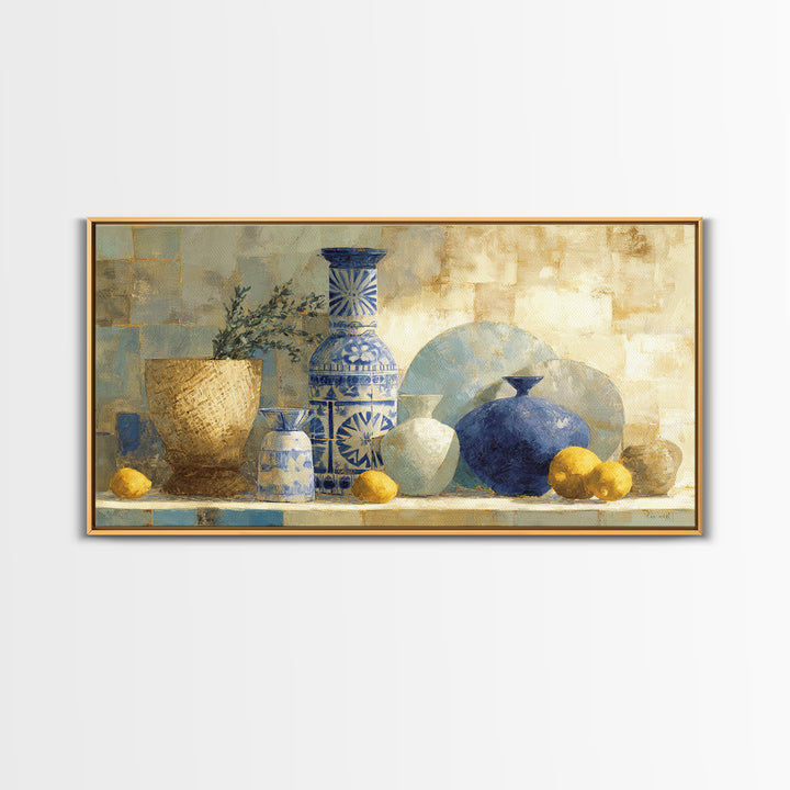 Blue and White Tile Pattern Framed Canvas Print, Mediterranean Art, Coastal Decor, Living Room Decor, Oil Painting, Azure, MAR-2x1-96