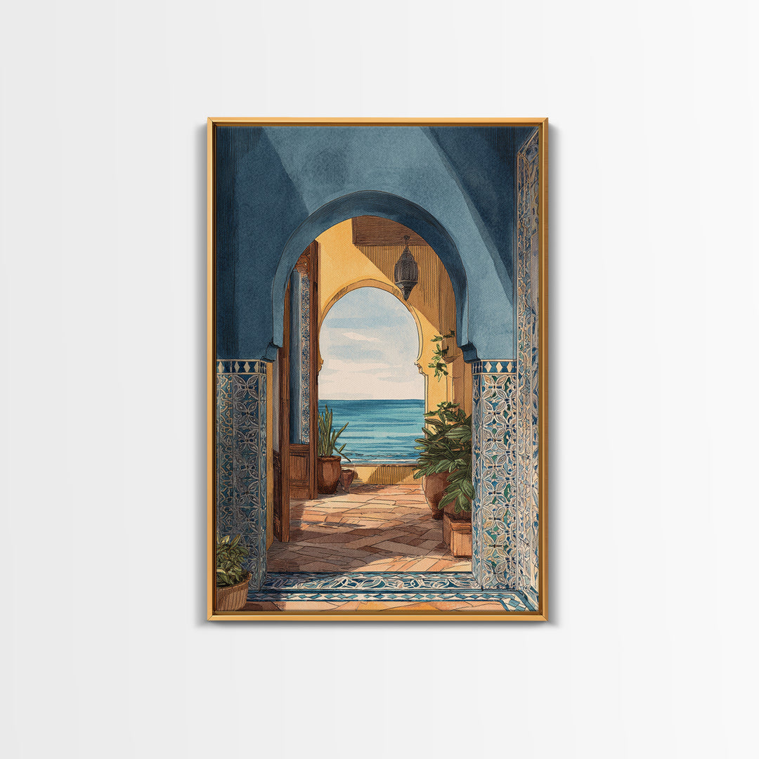 Mediterranean Arch Framing Ocean Horizon Canvas Print, Mediterranean Art, Coastal Decor, Living Room Decor, Fine Art, Azure, MAR-2x3-11