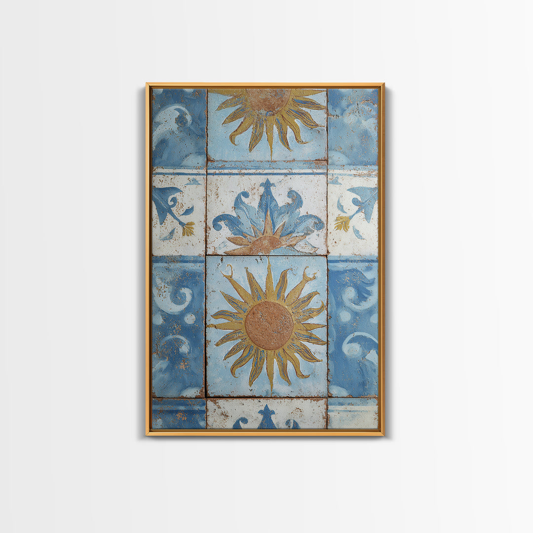 Blue and White Tile Pattern Framed Canvas Print, Mediterranean Art, Fine Art Print, Living Room Decor, Oil Painting, Azure, MAR-2x3-12