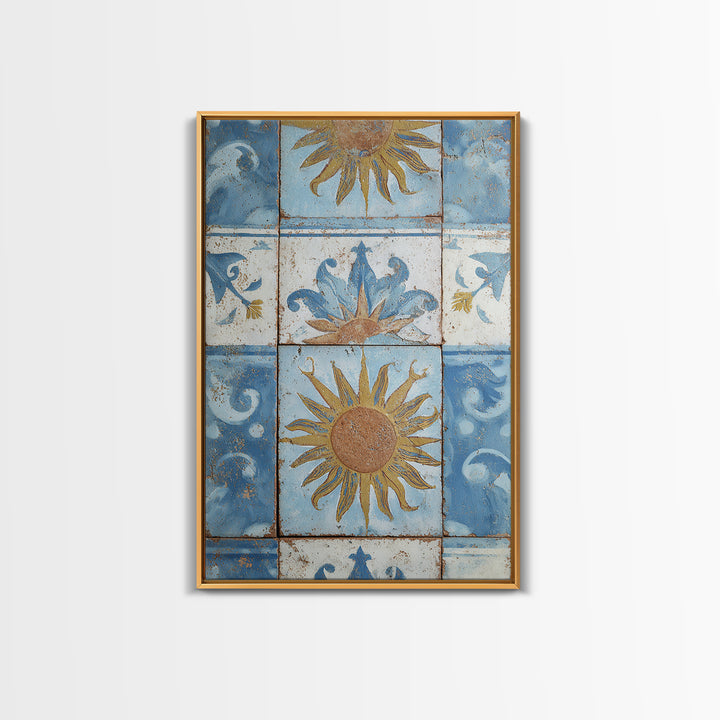 Blue and White Tile Pattern Framed Canvas Print, Mediterranean Art, Fine Art Print, Living Room Decor, Oil Painting, Azure, MAR-2x3-12