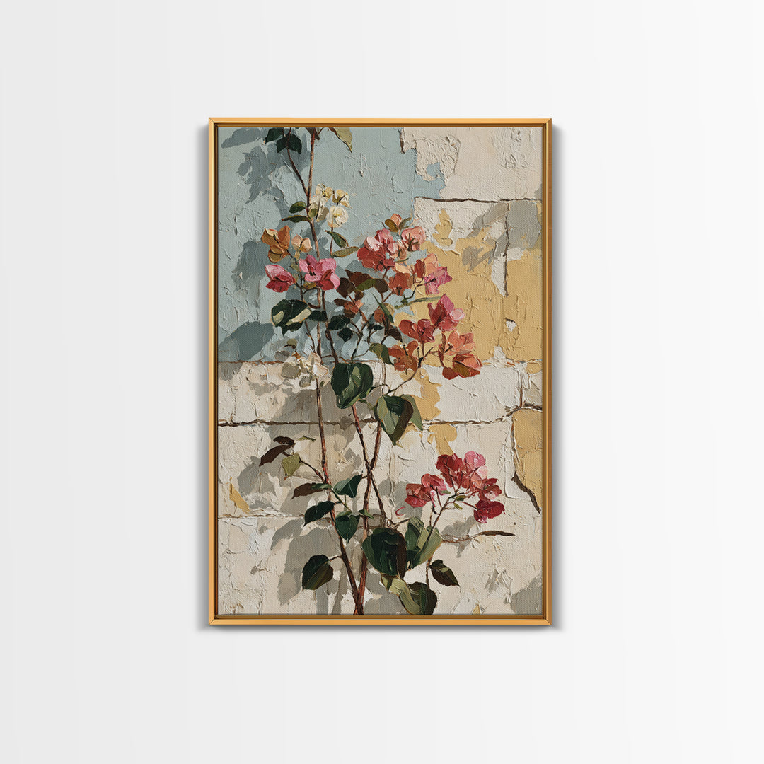 Bougainvillea Cascading over Stone Wall Framed Canvas Print, Mediterranean Art, Room Decor, Living Room Decor, Fine Art, Azure, MAR-2x3-13