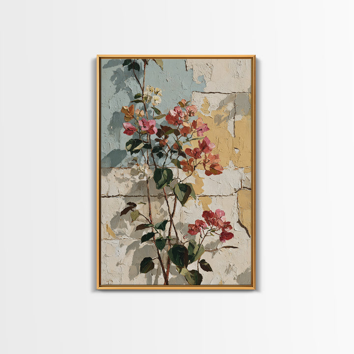 Bougainvillea Cascading over Stone Wall Framed Canvas Print, Mediterranean Art, Room Decor, Living Room Decor, Fine Art, Azure, MAR-2x3-13