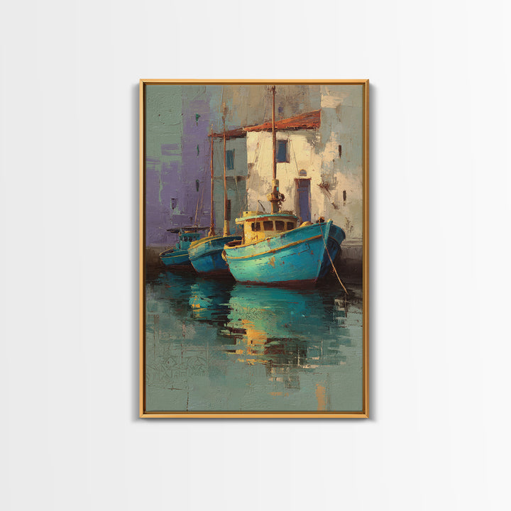 Coastal Fishing Boats Canvas Print, Mediterranean Art, Minimalist Wall Art, Living Room Decor, Fine Art, Azure, Neutral Decor, MAR-2x3-15