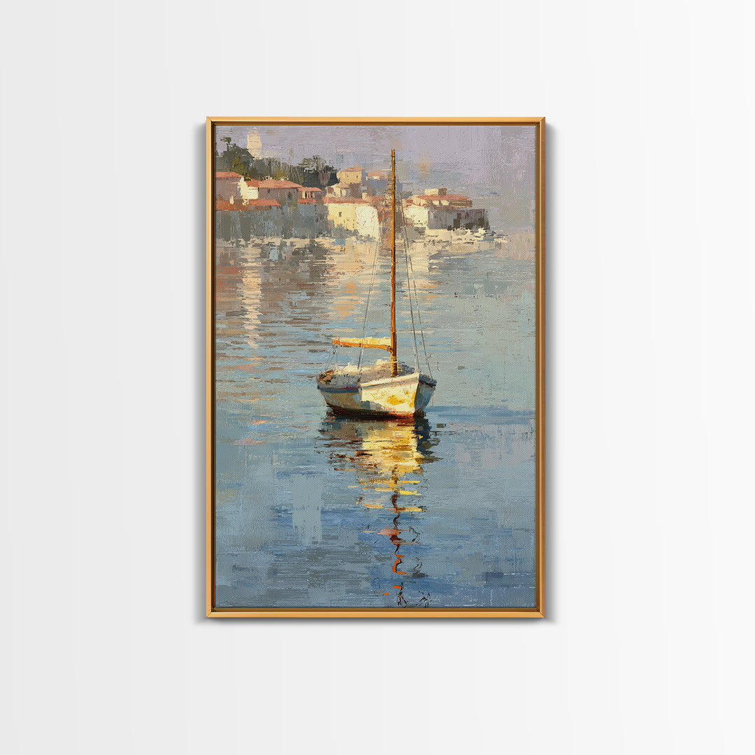 Mediterranean Sailboat on Glassy Water Framed Canvas Print, Mediterranean Art, Gallery Decor, Living Room Decor, Abstract Art, MAR-2x3-2
