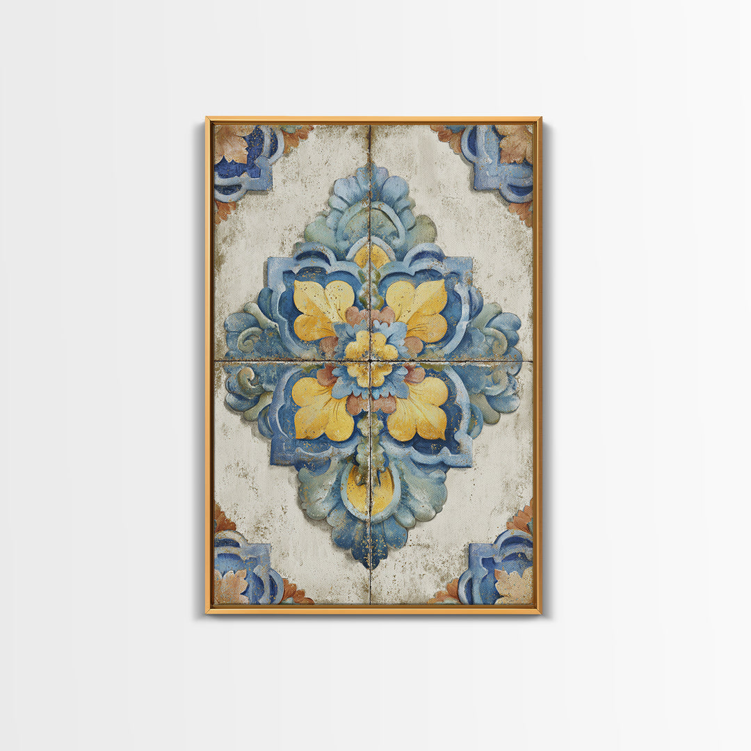 Spanish Tile Ornament Framed Canvas Print, Mediterranean Art, Nautical Decor, Living Room Decor, Azure, Coastal Wall Decor, MAR-2x3-24
