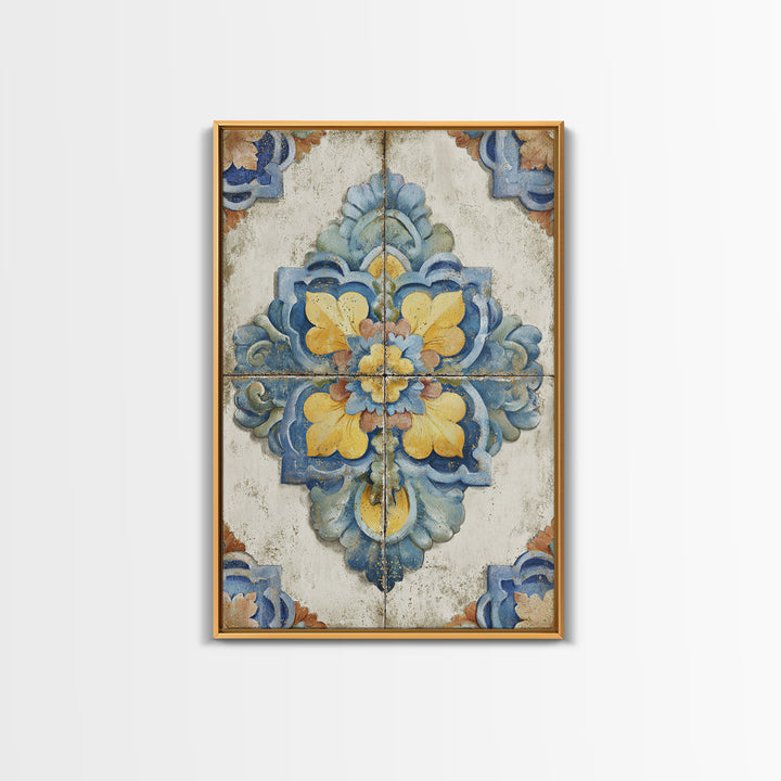 Spanish Tile Ornament Framed Canvas Print, Mediterranean Art, Nautical Decor, Living Room Decor, Azure, Coastal Wall Decor, MAR-2x3-24