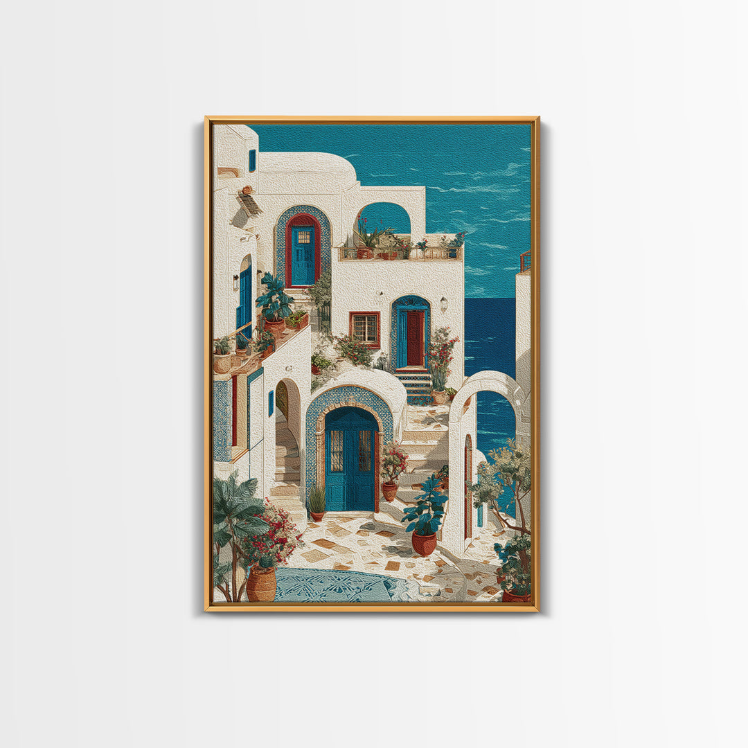 Greek Island White Buildings Above Blue Sea Framed Canvas Print, Mediterranean Art, Living Room Decor, Watercolor Art, Azure, MAR-2x3-33
