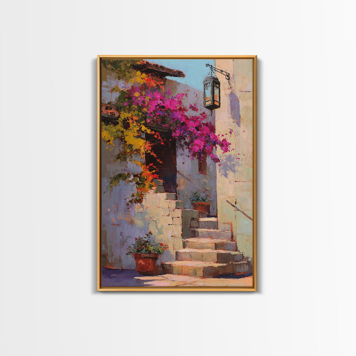 Bougainvillea Cascading over Stone Wall Framed Canvas Print, Mediterranean Art, Room Decor, Living Room Decor, Fine Art, Azure, MAR-2x3-37