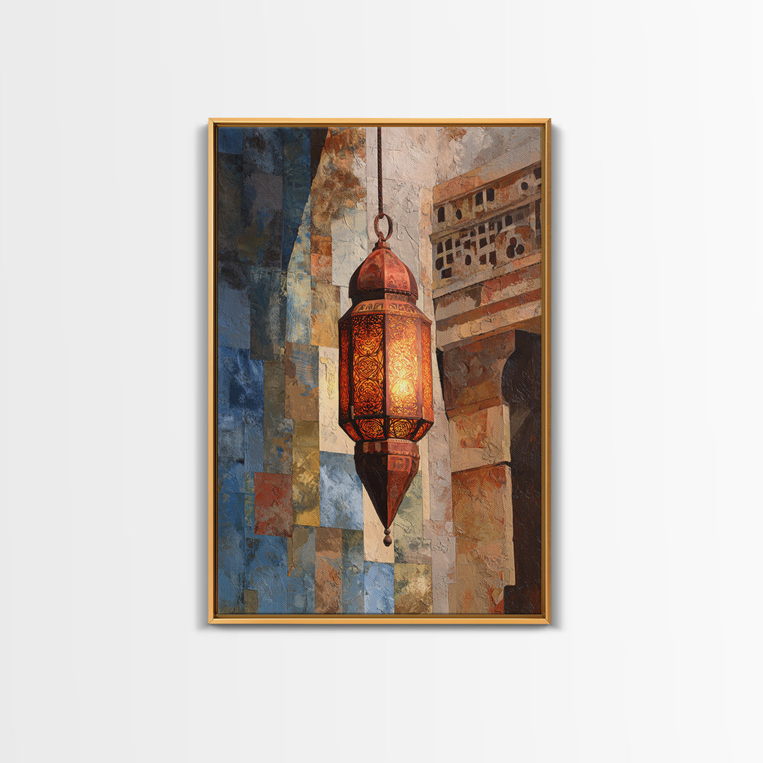Moroccan Influenced Lantern Framed Canvas Print, Mediterranean Art, Textured Painting, Living Room Decor, Abstract Art, Azure, MAR-2x3-41