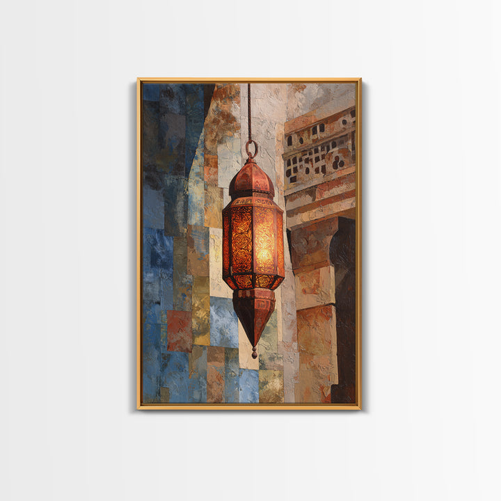 Moroccan Influenced Lantern Framed Canvas Print, Mediterranean Art, Textured Painting, Living Room Decor, Abstract Art, Azure, MAR-2x3-41