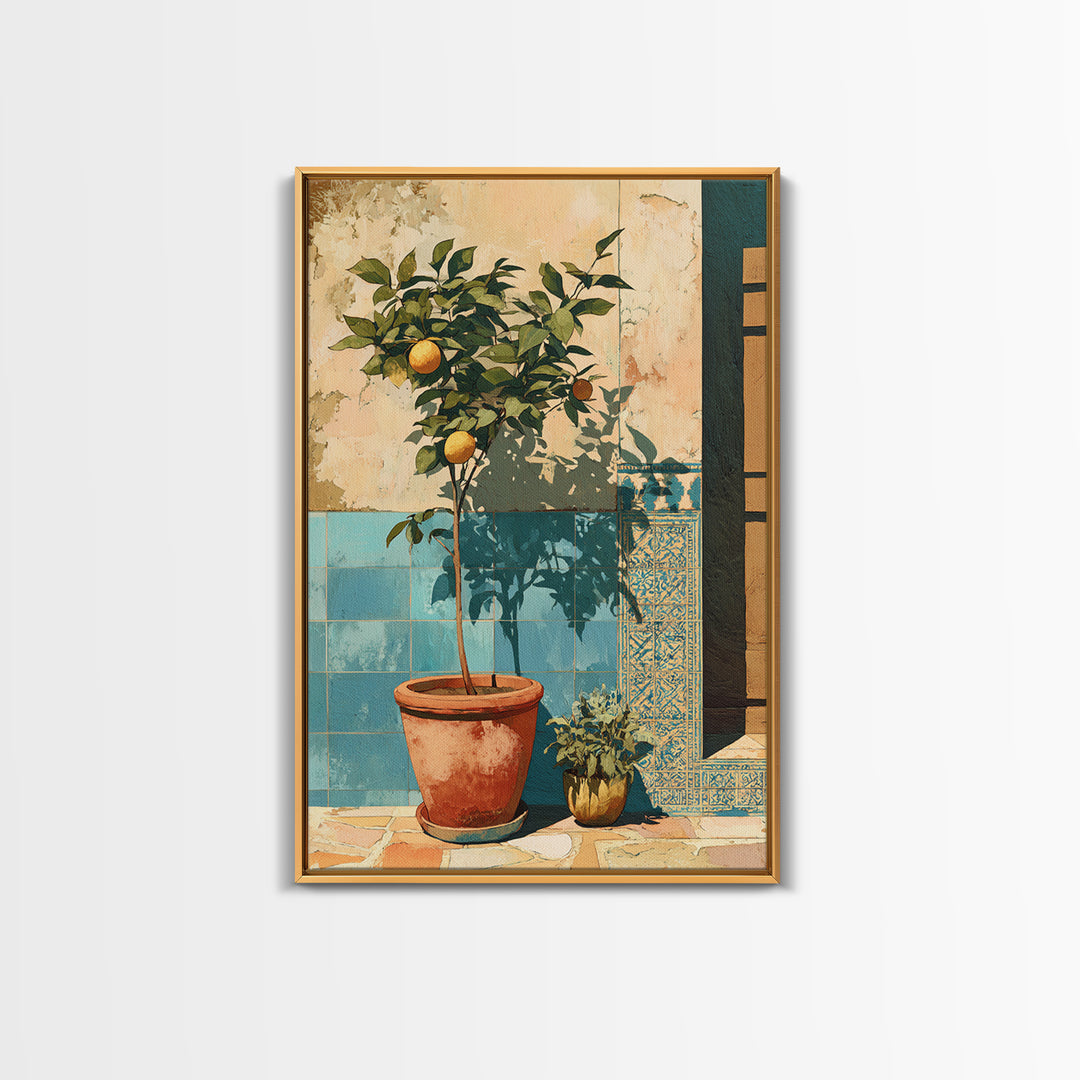 Citrus Tree in Clay Pot Framed Canvas Print, Mediterranean Art, Fine Art Print, Living Room Decor, Watercolor Art, Azure, MAR-2x3-42