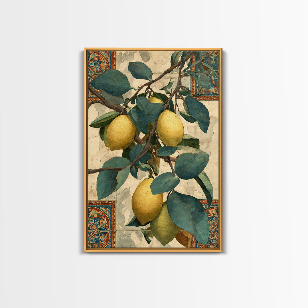 Sicilian Lemon Branch on Ivory Background Canvas Print, Mediterranean Art, Living Room Decor, Oil Painting, Azure, MAR-2x3-45