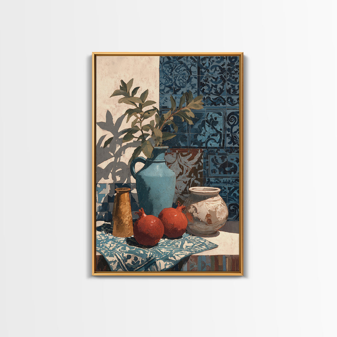 Pomegranate Still Life Framed Canvas Print, Mediterranean Art, Living Room Art, Living Room Decor, Oil Painting, Azure, MAR-2x3-51