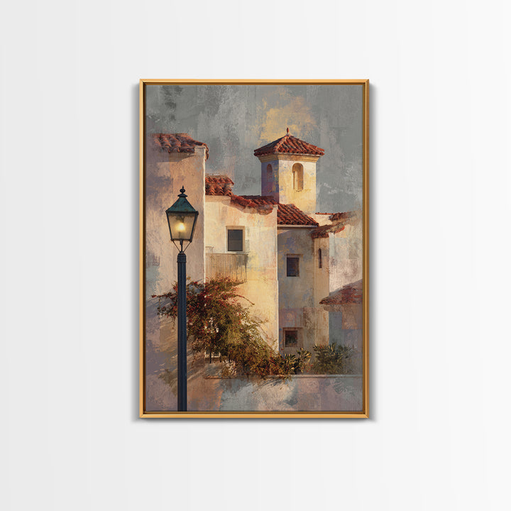 Sunset over Red Tiled Rooftops Framed Canvas Print, Mediterranean Art, Travel Poster, Living Room Decor, Fine Art, Azure, MAR-2x3-55