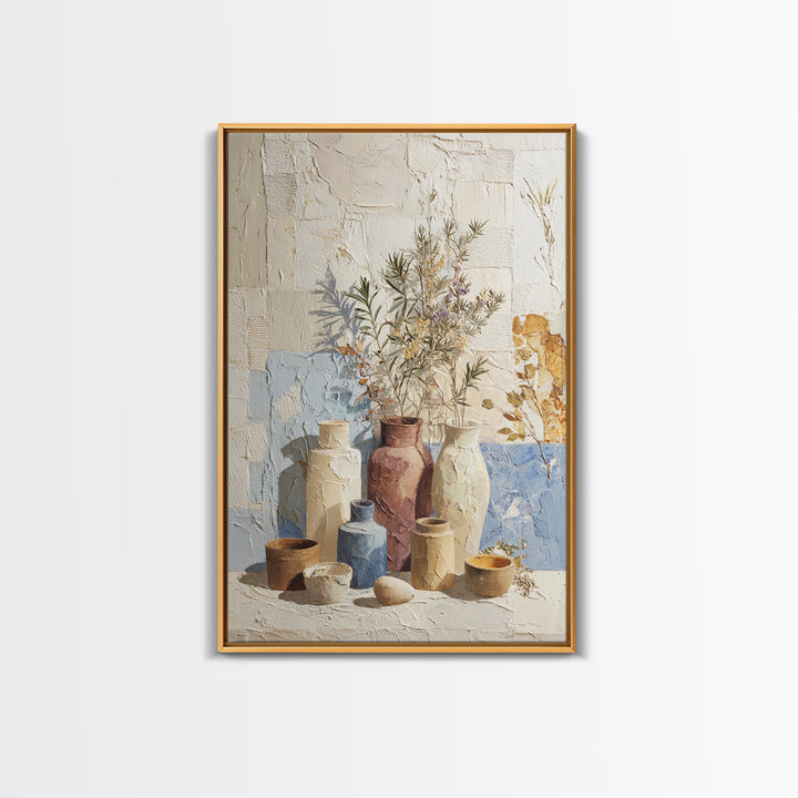 Wild Herbs Rosemary and Thyme Botanical Study Framed Canvas Print, Mediterranean Art, Coastal Art, Living Room Decor, Azure, MAR-2x3-56