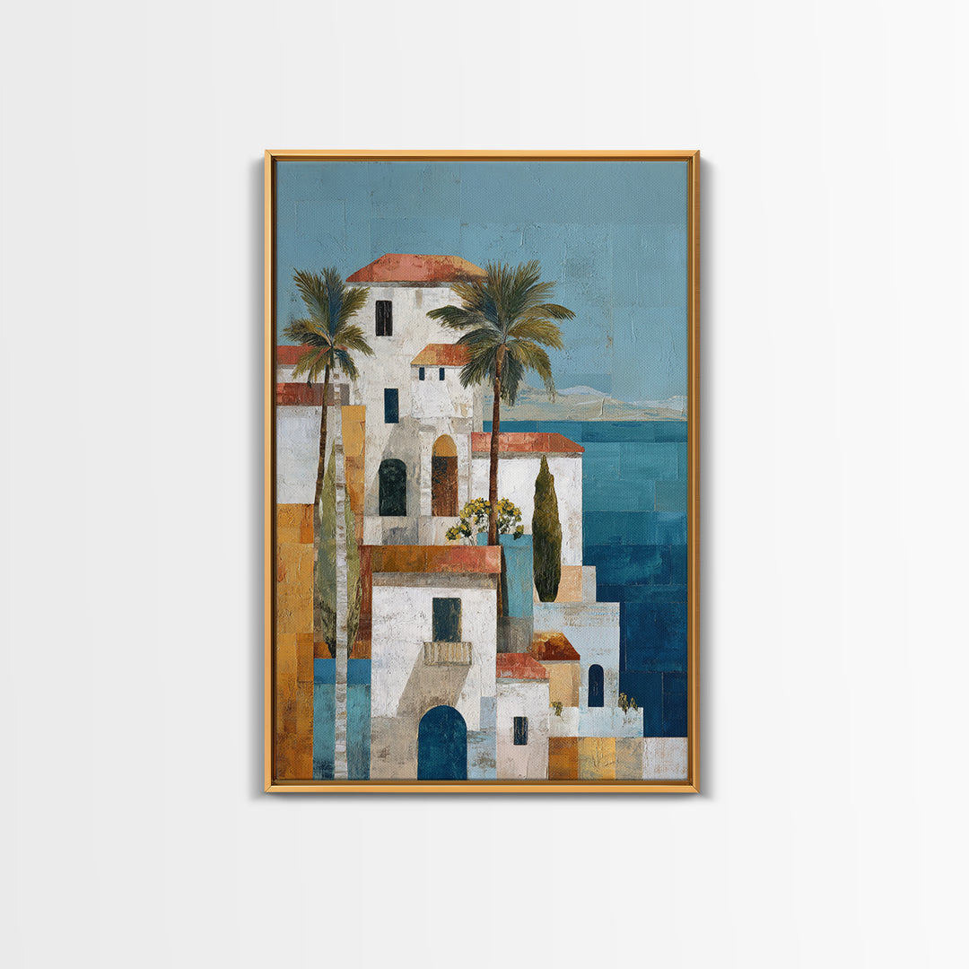 Greek Island White Buildings Above Blue Sea Canvas Print, Mediterranean Art, Framed Wall Art, Living Room Decor, Oil Painting, MAR-2x3-57
