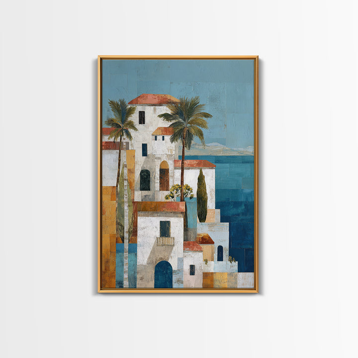 Greek Island White Buildings Above Blue Sea Canvas Print, Mediterranean Art, Framed Wall Art, Living Room Decor, Oil Painting, MAR-2x3-57