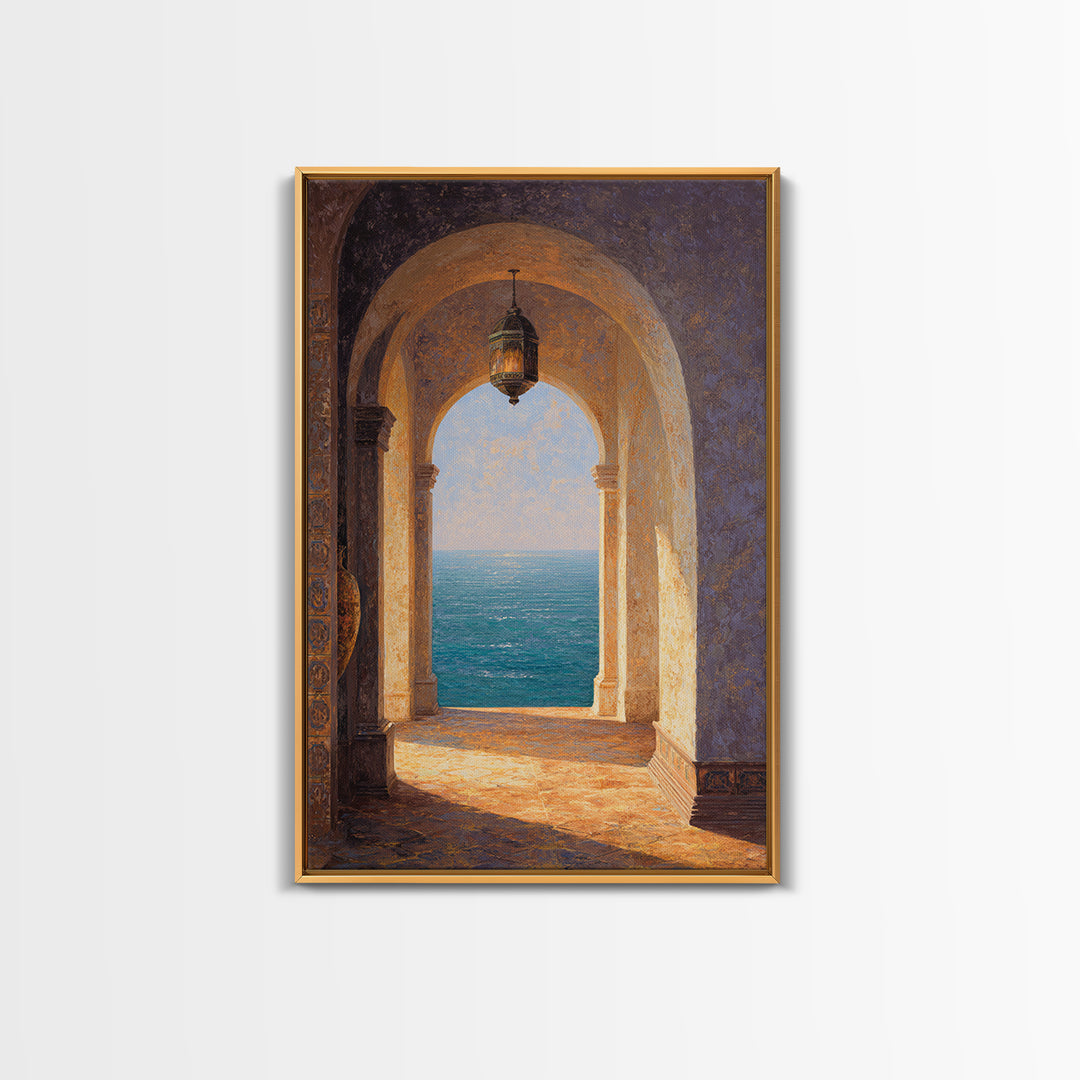 Mediterranean Arch Framing Ocean Horizon Framed Canvas Print, Mediterranean Art, Boho Decor, Living Room Decor, Fine Art, Azure, MAR-2x3-59