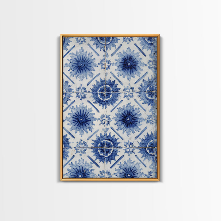 Blue and White Tile Pattern Framed Canvas Print, Mediterranean Art, Statement Artwork, Living Room Decor, Fine Art, Azure, MAR-2x3-60