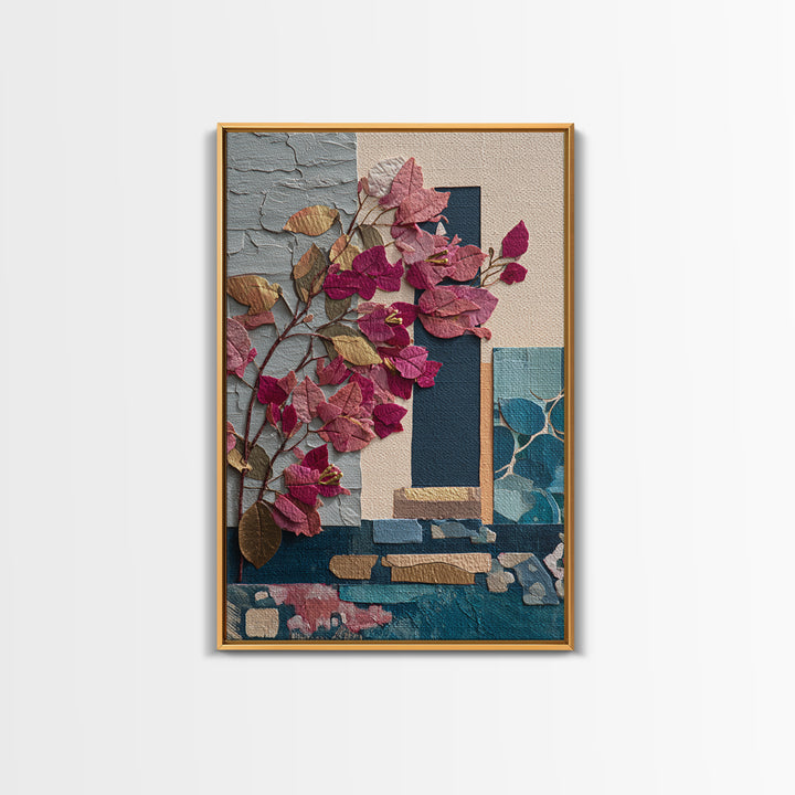 Bougainvillea Cascading over Stone Wall Canvas Print, Mediterranean Art, Printable Wall Art, Living Room Decor, Fine Art, Azure, MAR-2x3-61