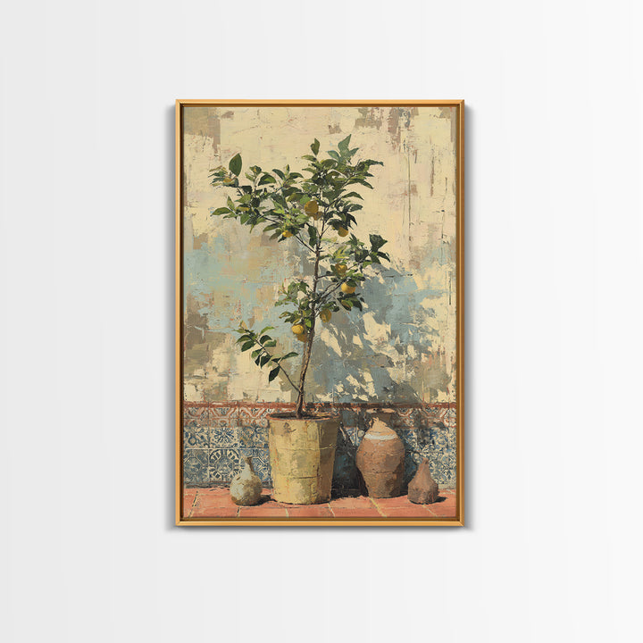 Citrus Tree in Clay Pot Canvas Print, Mediterranean Art, Room Decor, Living Room Decor, Oil Painting, Azure, Printable Art, MAR-2x3-66