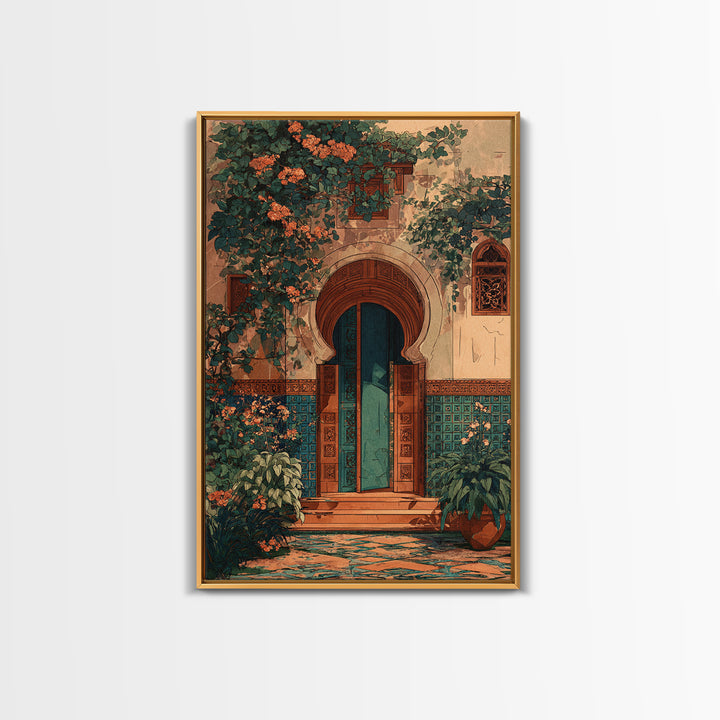 Sunlit Courtyard Doorway Canvas Print, Mediterranean Art, Luxury Decor, Living Room Decor, Fine Art, Azure, Framed Wall Art, MAR-2x3-67