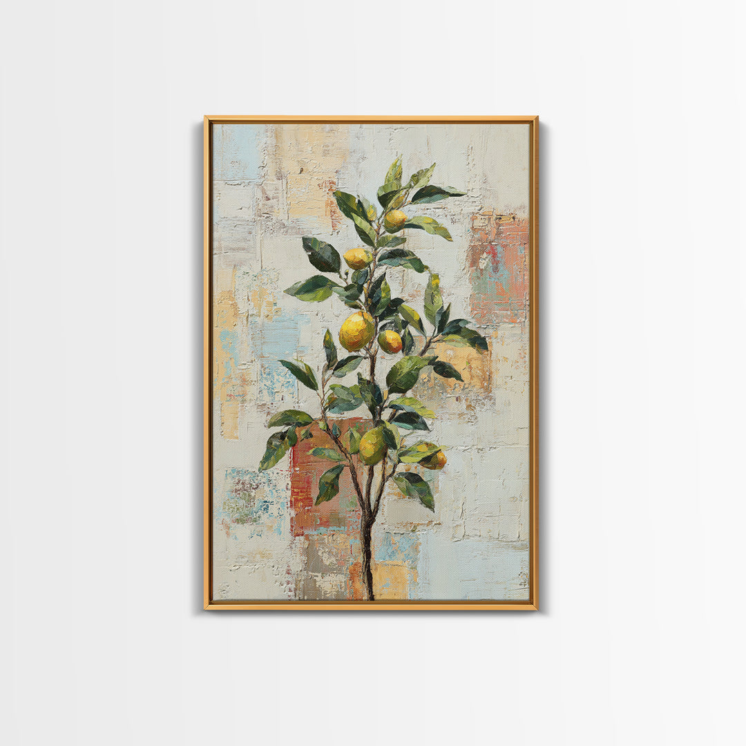 Sicilian Lemon Branch on Ivory Background Framed Canvas Print, Mediterranean Art, Oil Painting, Living Room Decor, MAR-2x3-69