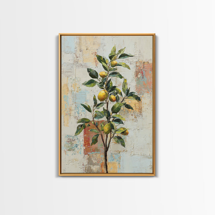 Sicilian Lemon Branch on Ivory Background Framed Canvas Print, Mediterranean Art, Oil Painting, Living Room Decor, MAR-2x3-69