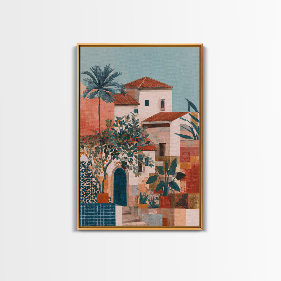 Sunset over Red Tiled Rooftops Canvas Print, Mediterranean Art, Watercolor Painting, Living Room Decor, Fine Art, Azure, MAR-2x3-7