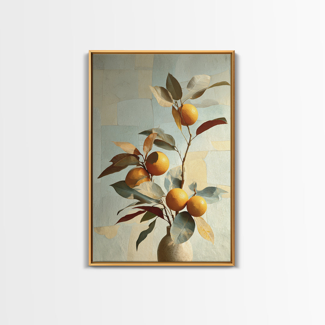 Ceramic Bowl of Oranges and Leaves Canvas Print, Mediterranean Art, Large Wall Art, Living Room Decor, Fine Art, Azure, MAR-2x3-77