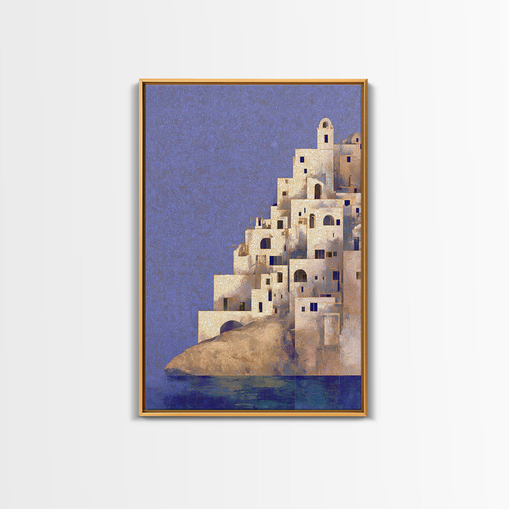 Greek Island White Buildings Above Blue Sea Canvas Print, Mediterranean Art, Framed Wall Art, Living Room Decor, Oil Painting, MAR-2x3-81