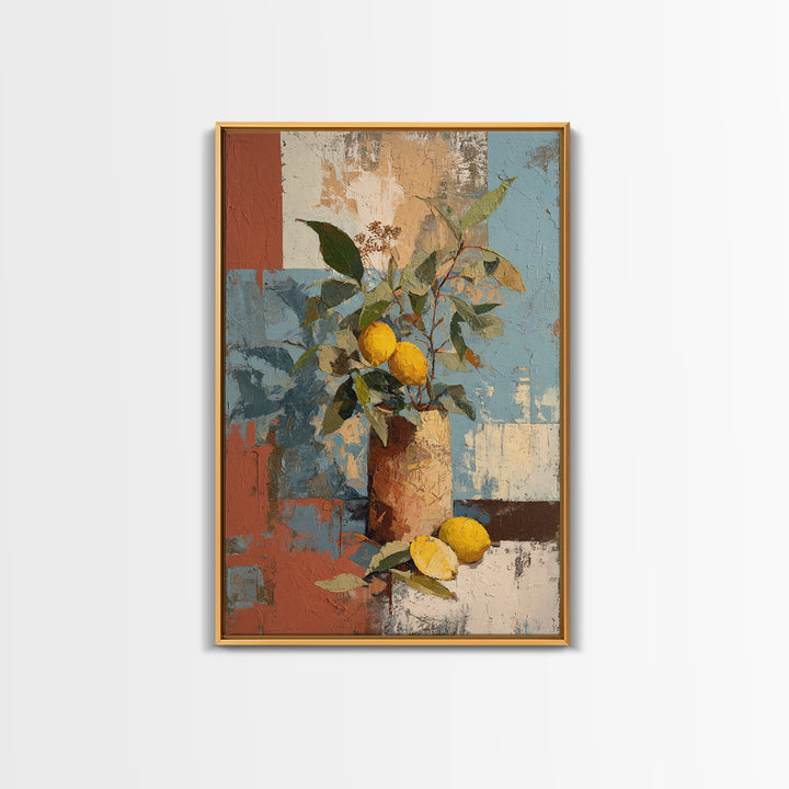 Olive Branch and Lemons on Terracotta Ground Canvas Print, Mediterranean Art, Contemporary Art, Living Room Decor, Azure, MAR-2x3-82