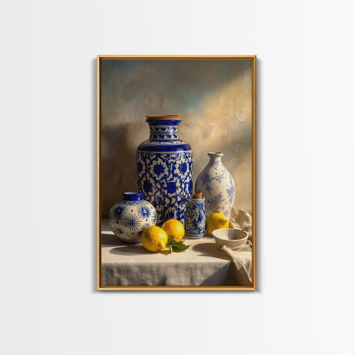 Blue and White Tile Pattern Framed Canvas Print, Mediterranean Art, Modern Wall Art, Living Room Decor, Fine Art, Azure, MAR-2x3-84