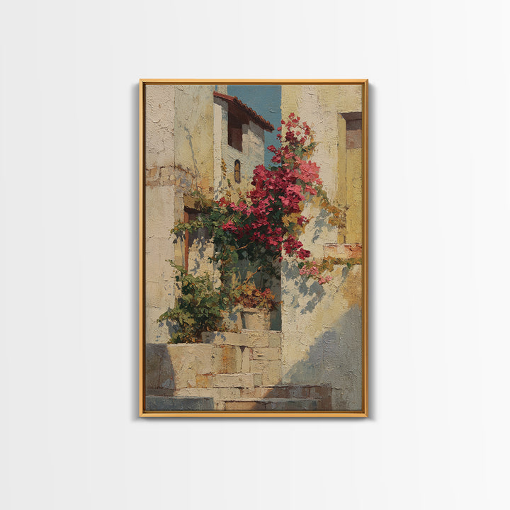 Bougainvillea Cascading over Stone Wall Framed Canvas Print, Mediterranean Art, Digital Print, Living Room Decor, Azure, MAR-2x3-85