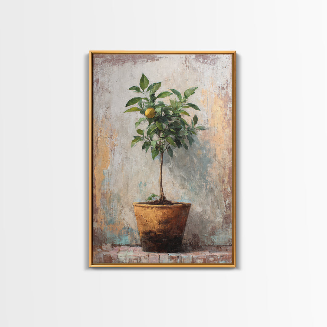 Citrus Tree in Clay Pot Framed Canvas Print, Mediterranean Art, Printable Wall Art, Living Room Decor, Fine Art, Azure, MAR-2x3-90