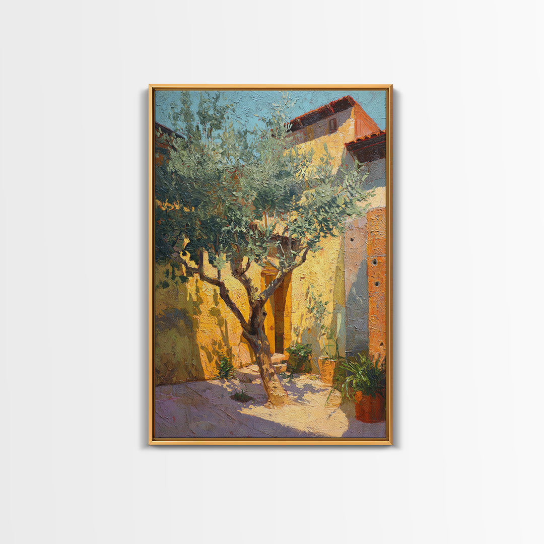 Olive Grove under Pale Morning Light Framed Canvas Print, Mediterranean Art, Digital Wall Art, Living Room Decor, Azure, MAR-2x3-97