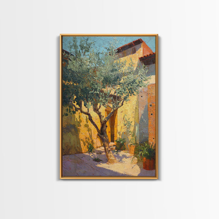 Olive Grove under Pale Morning Light Framed Canvas Print, Mediterranean Art, Digital Wall Art, Living Room Decor, Azure, MAR-2x3-97