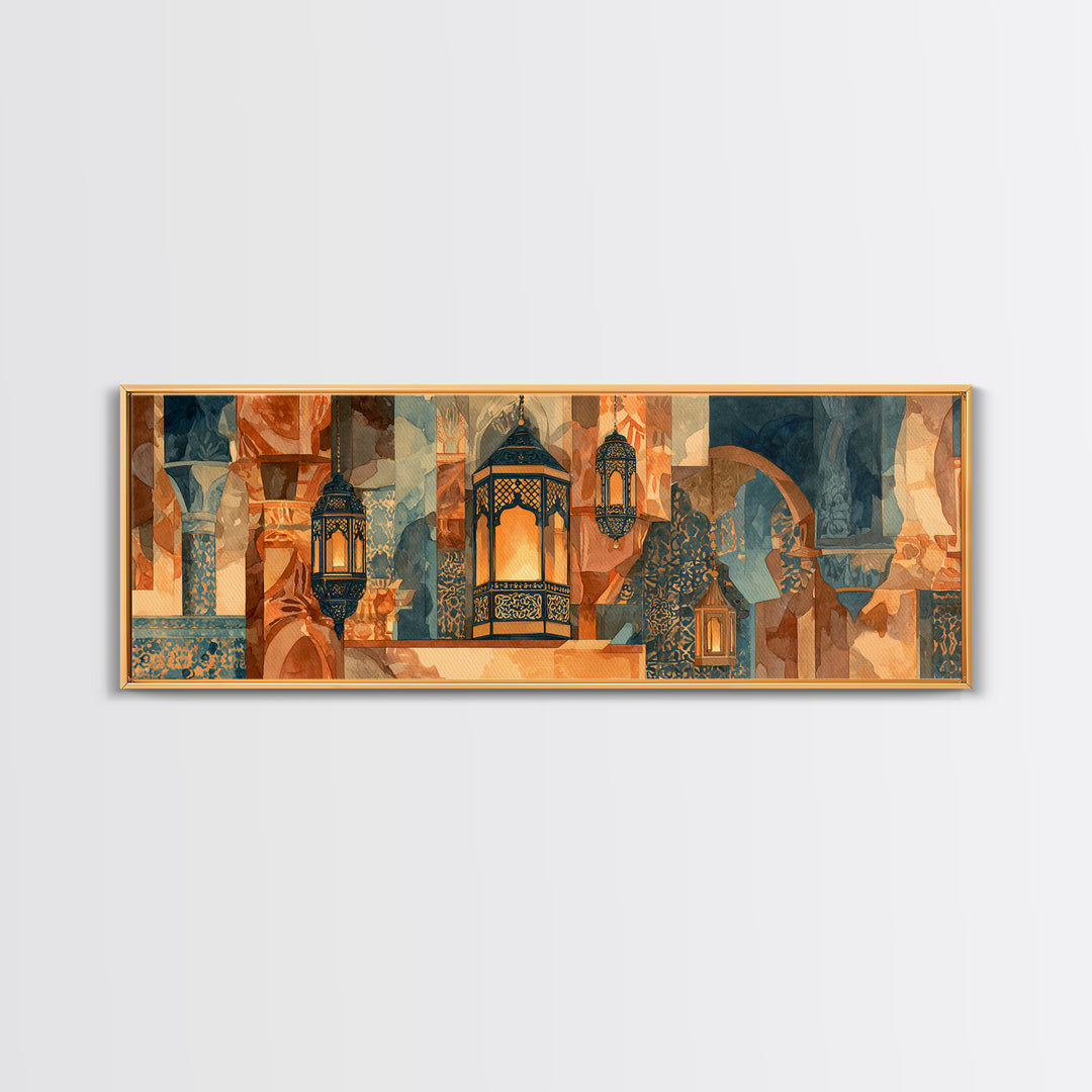 Moroccan Influenced Lantern Framed Canvas Print, Mediterranean Art, Digital Print, Living Room Decor, Fine Art, Azure, MAR-3x1-1