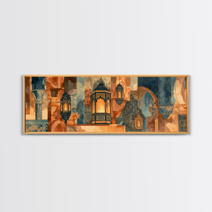 Moroccan Influenced Lantern Framed Canvas Print, Mediterranean Art, Digital Print, Living Room Decor, Fine Art, Azure, MAR-3x1-1
