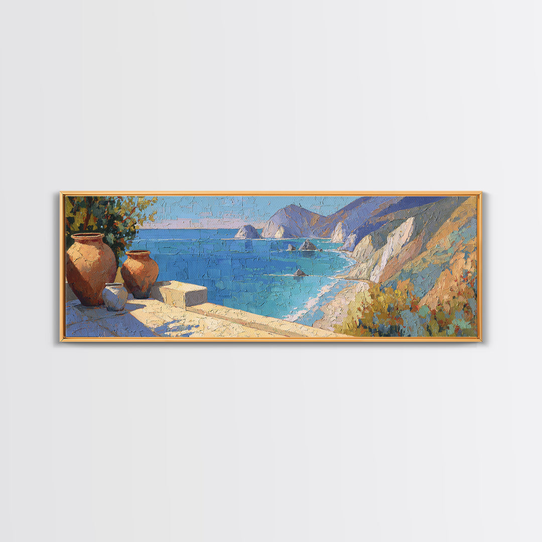 Coastal Cliffs with Sparkling Blue Water Framed Canvas Print, Mediterranean Art, Coastal Art, Living Room Decor, Azure, MAR-3x1-12