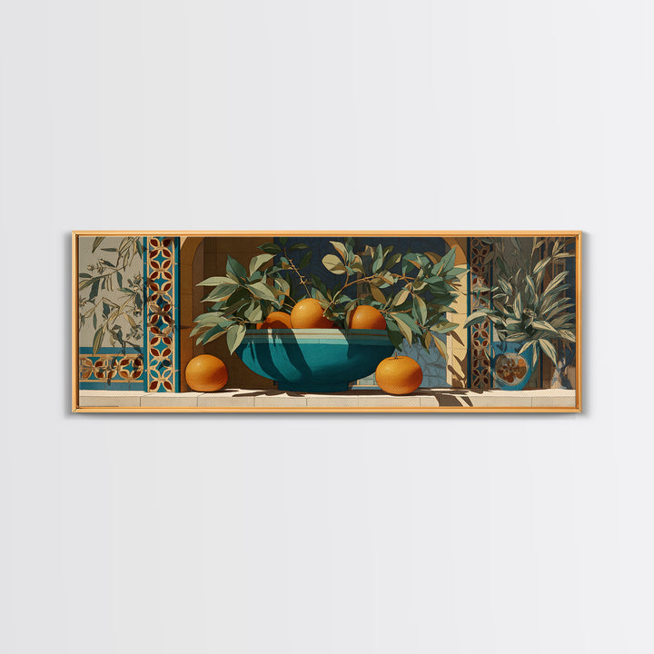 Ceramic Bowl of Oranges and Leaves Canvas Print, Mediterranean Art, Digital Wall Art, Living Room Decor, Fine Art, Azure, MAR-3x1-13