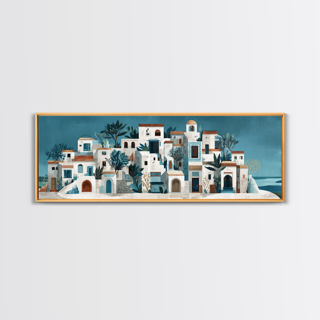 Greek Island White Buildings Above Blue Sea Canvas Print, Mediterranean Art, Horizontal Wall Art, Living Room Decor, Azure, MAR-3x1-17