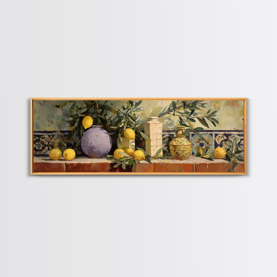 Olive Branch and Lemons on Terracotta Ground Canvas Print, Mediterranean Art, Digital Wall Art, Living Room Decor, Azure, MAR-3x1-18