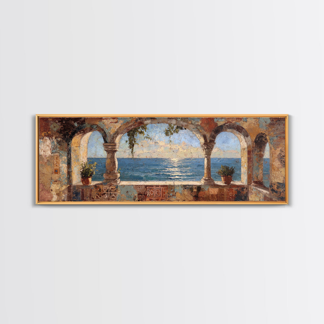 Mediterranean Arch Framing Ocean Horizon Canvas Print, Mediterranean Art, Wall Decor, Living Room Decor, Fine Art, Azure, MAR-3x1-19