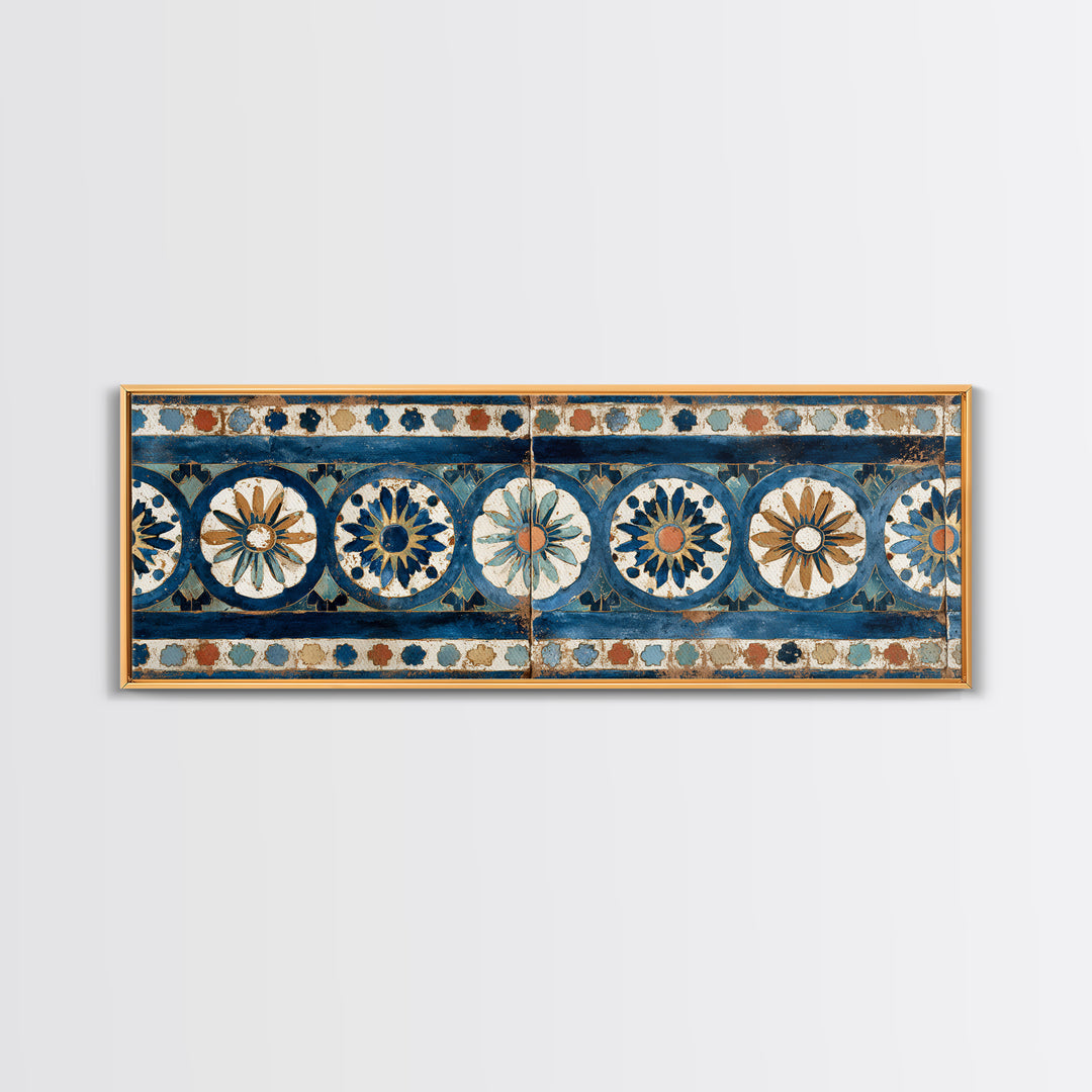 Blue and White Tile Pattern Canvas Print, Mediterranean Art, Landscape Wall Art, Living Room Decor, Azure, Luxury Decor, MAR-3x1-20